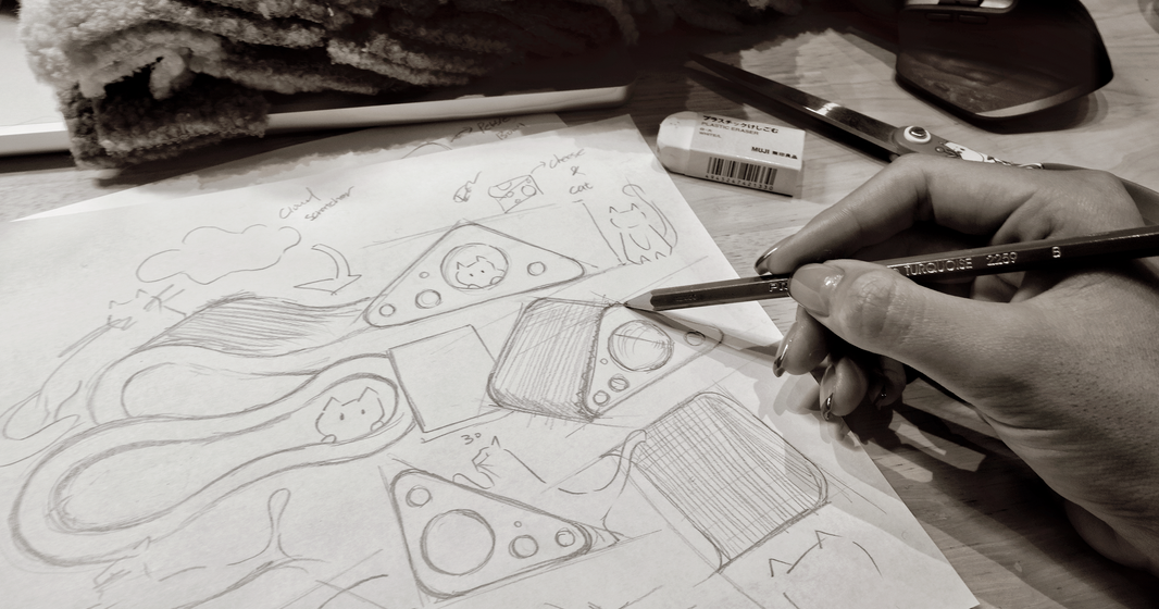 Hand-drawn design sketches for the cheese cat tunnel and ergonomic lounge, detailing the creative process and thoughtful engineering behind these unique cat furniture and toys.