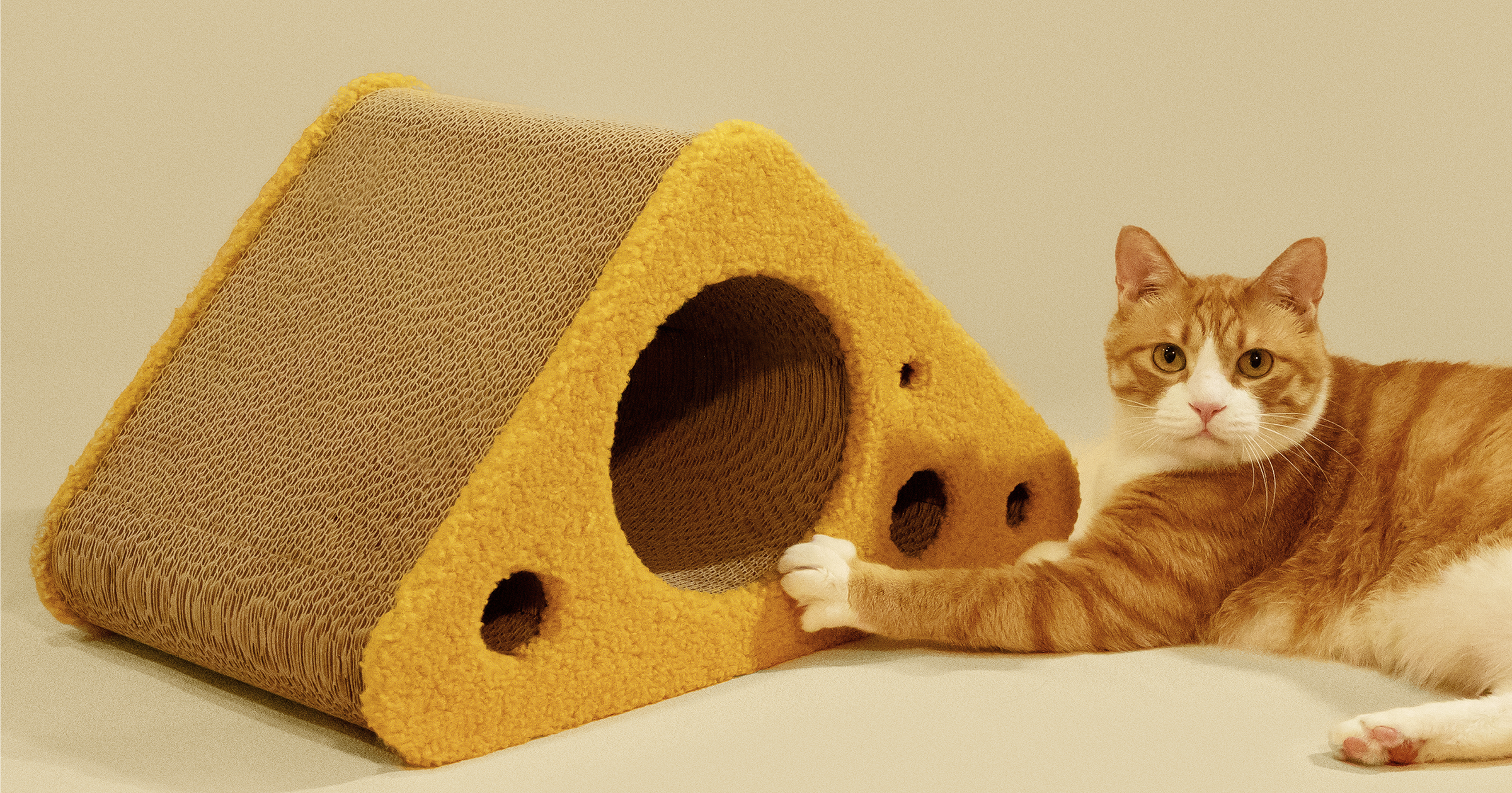 Orange tabby cat pawing at the Pet JoJo Cheese Cat Scratcher, a yellow cardboard scratcher shaped like a wedge of cheese