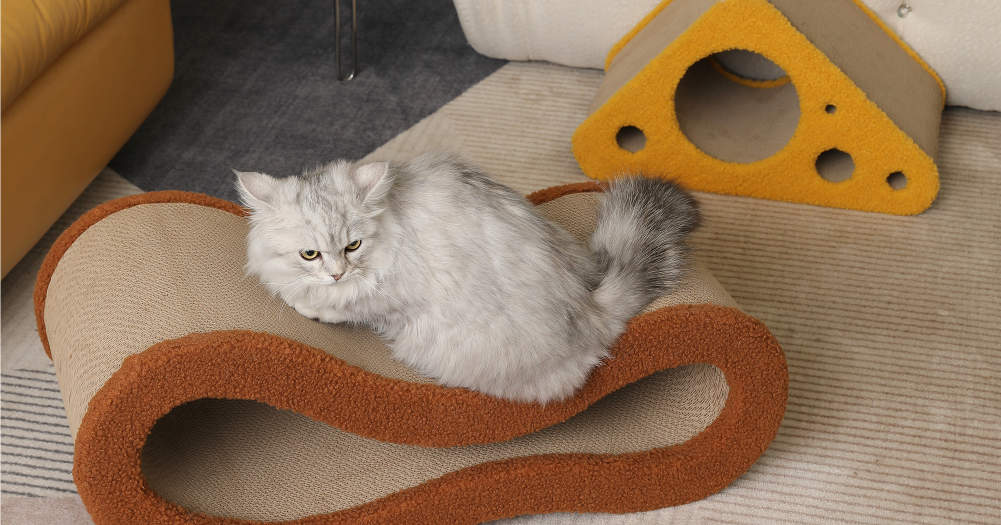 A silver Persian cat sits on a brown plush-trimmed Cloud Lounge cat scratcher beside a yellow Cheese cat scratcher with tunnel holes on a modern rug.